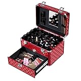 SONGMICS 24 compartments Nail polish storage makeup train case and 1 Drawer Professional Organizer Beauty Vanity Makeup Case with Mirror Portable Cosmetic Holder Red UMUC18R