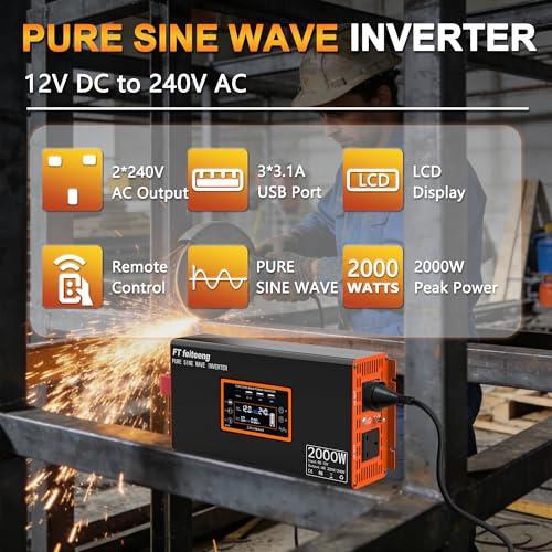 2000W/4000W Power Inverter 12V to 240V AC Pure Sine Wave Inverter,Car Inverter DC 12v to AC 240V UK with AC Sockets Dual Car Adapter With LED Display Suitable for Travel, RV, Camping