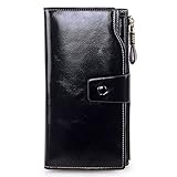 AINIMOER Women's Large Capacity Luxury Wax Genuine Leather Ladies Wallet With Zipper Pocket(Black)