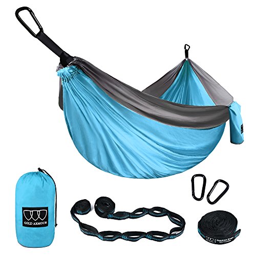 XL Double Parachute Camping Hammock - Tree Portable with Max 1000 lbs Breaking Capacity - FREE 16 Loops Tree Strap & Carabiners For Backpacking, Camping, Hiking, Travel, Yard (Sky Blue / Gray)