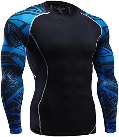 FITIBEST Men Long Sleeve Compression Sports T-Shirt Fast-Drying Baselayer, Printed Pattern Design (L, Blue)