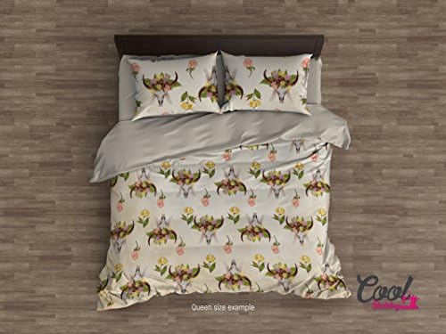 Bull Skull Pattern Bedding. Cool Bedding design of Boho Chic Skull Flower Duvet Cover. Duvet to Comforter Upgrade Set, Single Twin Full Queen King Sets. (Twin Set 68"x87")