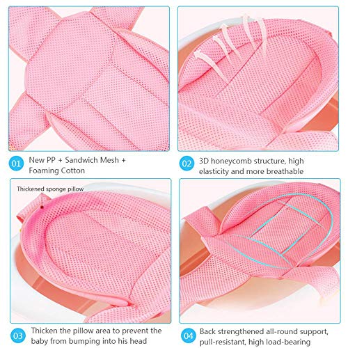 Baby Bathtub Seat for Sit-up Bathing,Newborn Bath Cushion Seat Support Net Bathing Mat,Anti-Slip Soft Comfort Mesh Shower Lounger Basin Pad W/Sling & Pillow (Cross Pink)