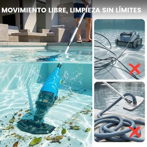Aspirador de Piscina inalámbrico, limpiafondos de Piscina Manual hasta 90 Minutos, pértiga telescópica de 160 cm, Limpiador de Piscina, succión de hasta 4088 L/h, Ideal para spas y Hot tubs