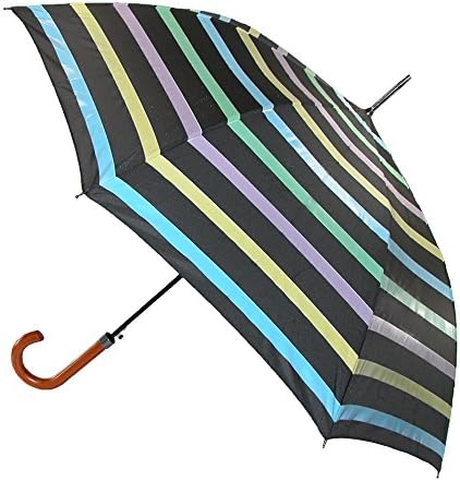 RainStoppers Umbrella Auto Open Wooden Hook Handle Changing Color Stripe Print, Black, 46"
