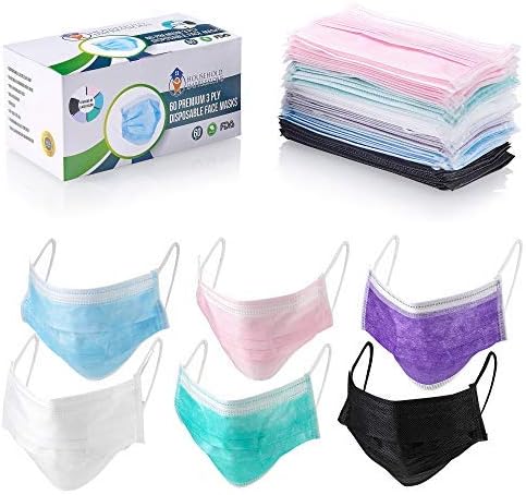 HouseHold Impressions 60 Pack 3-Ply Multi-Color Extra Thick Disposable Medical Dental Surgical Face Masks | Hypoallergenic Mouth & Nose Covers | Protects from Sickness, Flu, Bacteria, Dust, Pollen