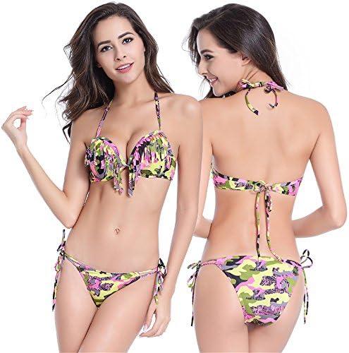 2017 New Sexy Bikini Push Up Swimwear Women Swimsuit Retro Vintage rainbow Girls Bikini Set Beach Bathing Suits Swim Wear DM070 Pink Flower