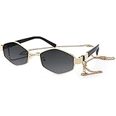 JiSoo Trendy Hexagon Sunglasses for Women - Gold Sunglasses Womens Designer, Geometric Festival Sun Glasses with Chain