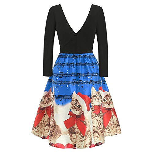 SMTSMT_Dress Long Sleeve Dress for Women Christmas Cats Musical Notes Print Vintage Flare Dress