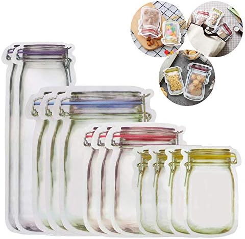 Reusable Ziplock Snack Bags 12 Pcs Cute Mason Jar Pattern Food Storage Zipper Bags Reusable Sandwich Bags Dishwasher Safe For Kitchen Picnic Camping Organizer (Tallx2Lx3Mx3Sx4)