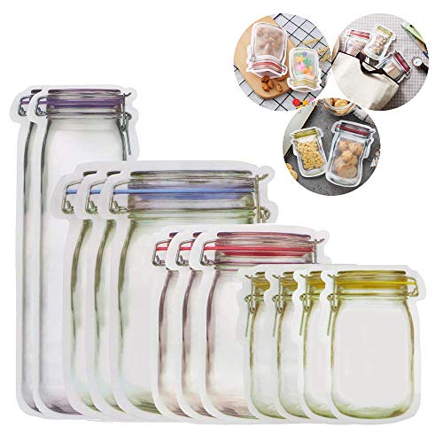 Reusable Ziplock Snack Bags 12 Pcs Cute Mason Jar Pattern Food Storage Zipper Bags Reusable Sandwich Bags Dishwasher Safe For Kitchen Picnic Camping Organizer (Tallx2Lx3Mx3Sx4)
