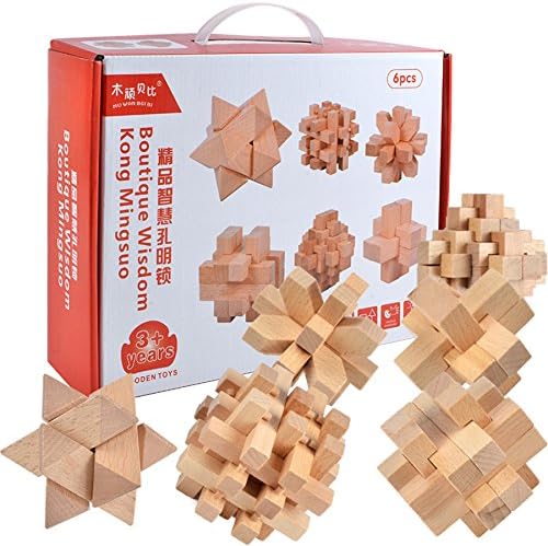 Alinshi 3D Wood Classic Brain Teaser Jigsaw Lock Puzzle Educational Toy Gift for Kids and Adults, 6-piece Set