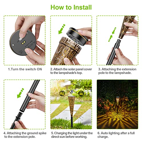 GEARLTIE Solar Lights for Outdoor Garden Pack of 4, 800 mAh Solar Lights for Outdoor Use with Warm/White LED, IP65 Weatherproof Balcony Decoration Garden Metal Lanterns Solar Outdoor Path Patio