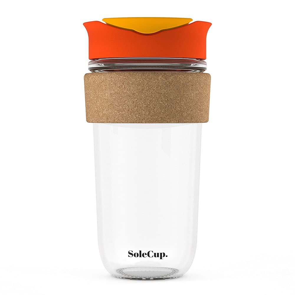 SoleCup. Large Travel Mug - Reusable Strengthened Glass Coffee Mug - 18oz/530ml BPA-Free Hot Drink Travel Mug with Lid & Cork Band (Red, 530ml / 18oz)