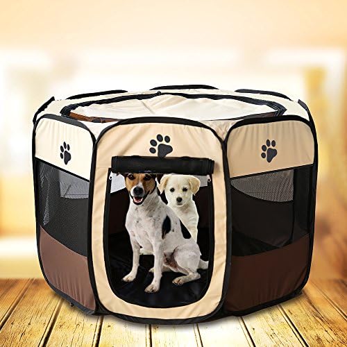 HENREK Pet Dog Cat Playpen Cage Crate - Portable Folding Exercise Kennel - Indoor &amp; Outdoor Use (S(28"Dia x 18"H), Brown)