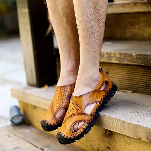 KawaiineMens Outdoor Sandals Hiking Camping Sandals Genuine Leather Fisherman Shoes Brown