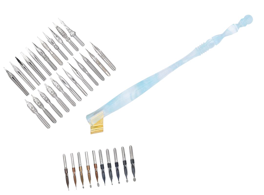 Gullor Powder Blue Oblique Calligraphy Dip Pen Nib Holder with 33 Nibs