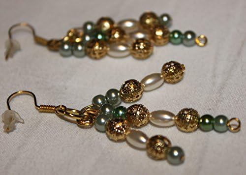 Green and White Pearls with Gold Lattice Balls Earrings