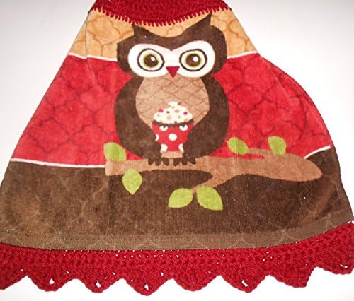 Owl &amp; Cupcake Crochet Topped Hanging Kitchen Towel