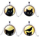 Witching Hour Black Cat Picture Cabochon Pendant Necklace for Women Girls Christmas Gift 4 Pieces