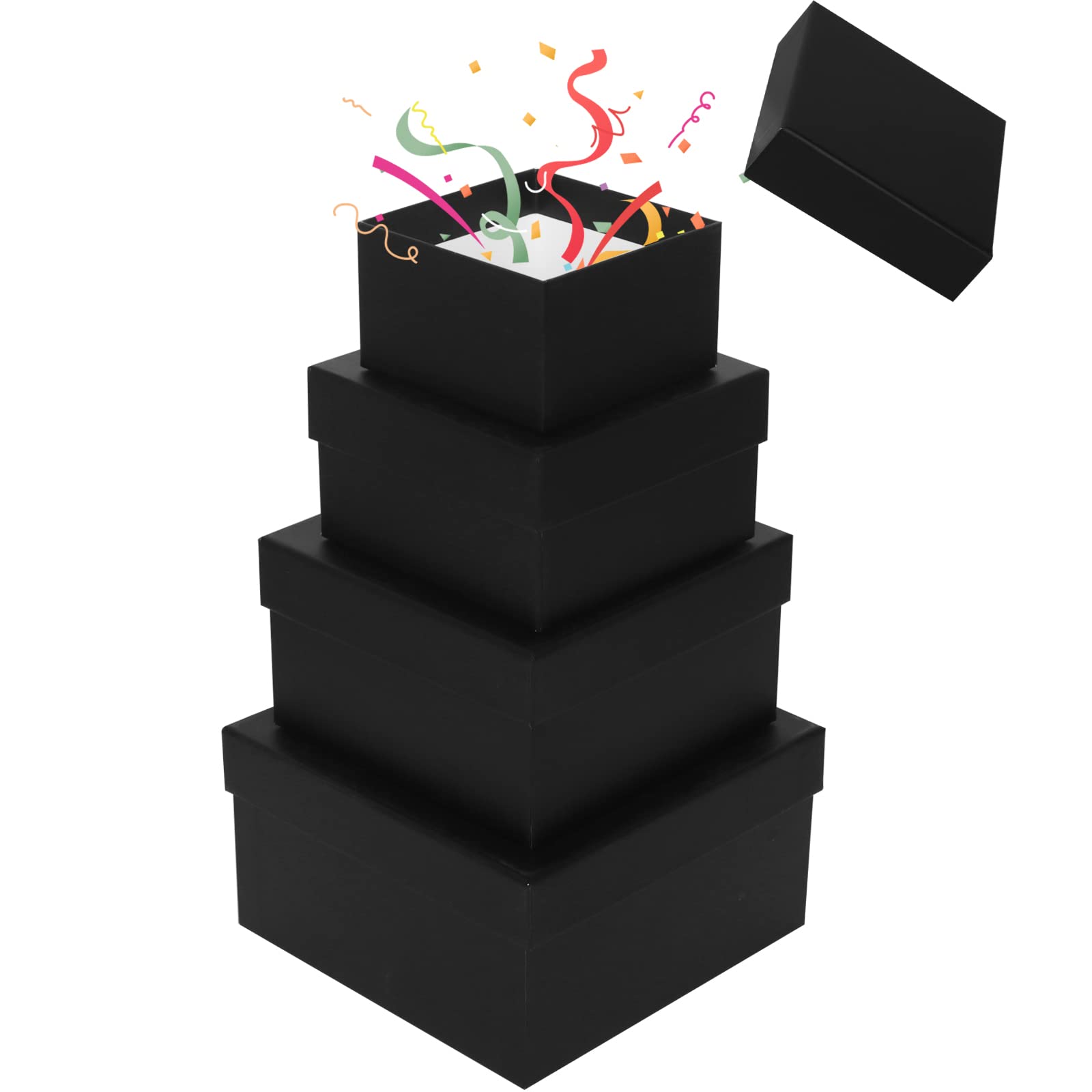Photo 1 of NOVELTYBOXUSA Nesting Gift Boxes with Lids 4 Pack,Fancy Square Rigid Gift Boxes for Present Black Stackable Gift Packing Boxes For Groomsmen Proposal Wedding Birthday Baby Showers