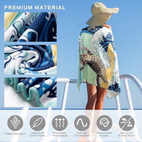 Funny Cat Beach Towel,Surfer Cat Beach Towel Battle Blue Ocean Great Wave Cotton Blend Towel Soft Absorbent for Kids Men Women Camping Towel for Gym, Hiking, Pool, Bath, Yoga,Travel Vacation