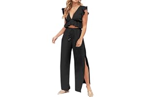 FANCYINN Womens 2 Pieces Outfits Deep V Neck Crop Top Side Slit Drawstring Wide Leg Pants Set Jumpsuits