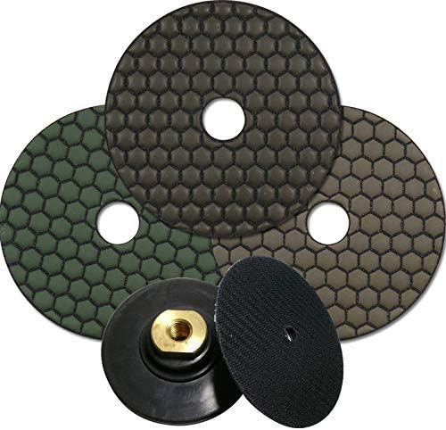 Professional Hand Polishing Pads Complete Set with 3 diamond Metal-Free Abrasive Pads Dia Dry Grains 100, 200 and Polisher + Additional Recording Disc diameter 125 mm, for Dry, Natural Stone, Marble, Granite, Perfect for Phase Adjustments