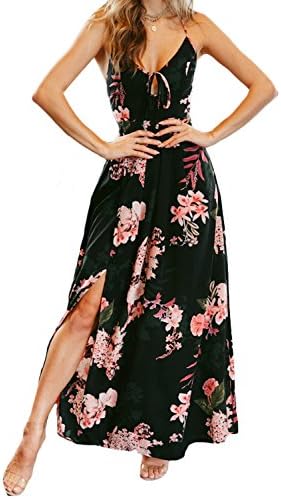 Women's Floral Printed Sexy Backless Criss Cross Spaghetti Strap Beach Party Maxi Dress Black-S