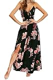 Women's Floral Printed Sexy Backless Criss Cross Spaghetti Strap Beach Party Maxi Dress Black-S