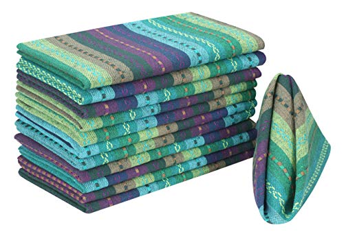 12 Pack Salsa Stripes Dinner Napkins, Soft & Comfortable Cotton Napkins Multi Color Luxurious Salsa Napkins - Tailored With Mitered Corners And A Generous Hem Easy care - Teal Multi - 18x18 Inch