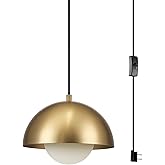 Globe Electric 1-Light Plug-in Pendant Light, Matte Brass Finish, Frosted Glass Shade, 15-Ft Braided Cord, Retro Modern Light