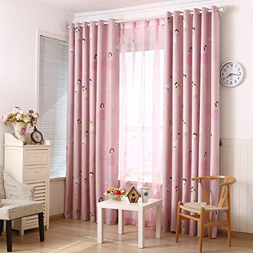 Pink Children Cartoon Print Blackout Top Silver Grommets Curtain 2 Panels 54"x84"