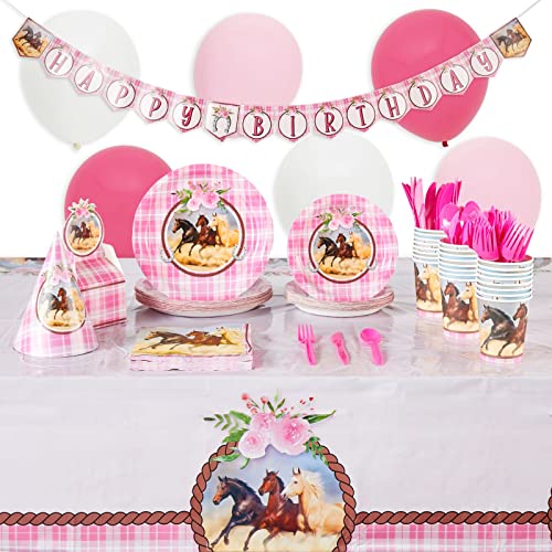 Pink Horse Party Decorations, Paper Plates, Napkins, Cups, Cutlery and, Balloons, Tablecloths (Serves 24, 231 Pieces)
