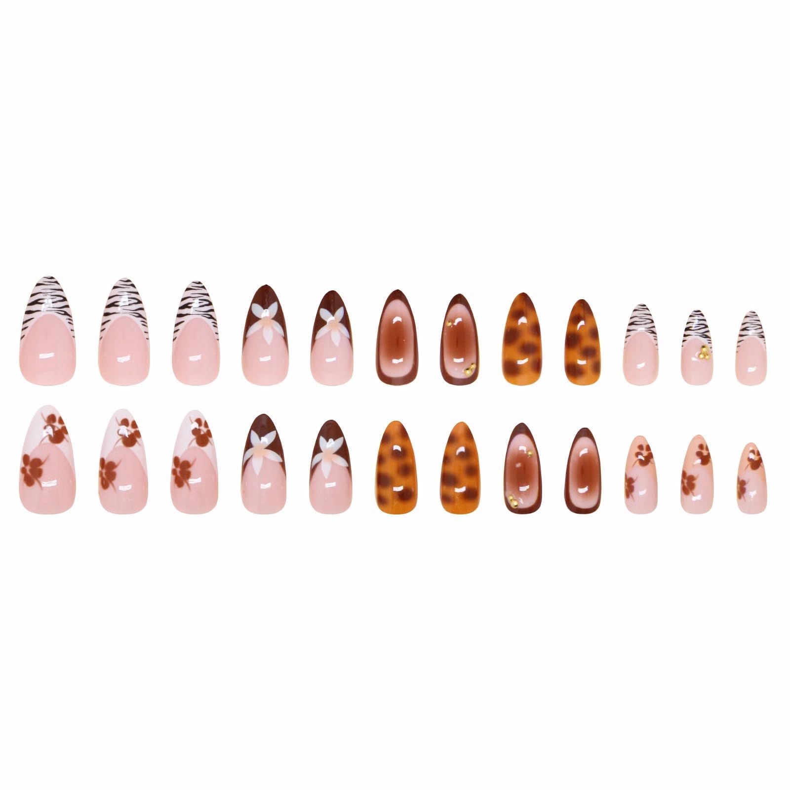 MERVF Almond Press on Nails Long Fall Fake Nails Brown French Tip Glue on Nails Flower Stiletto Acrylic False Nails Aura Press ons with Zebra Print Design Glossy 24pcs - Image 4