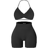 Comper 2 Piece Workout Sets for Women Halter Strappy Sports Bra with Seamless Ribbed Gym Yoga shorts Outfits