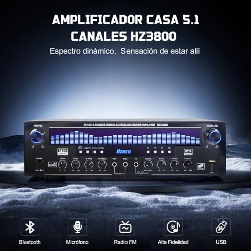 HZERO 1000W Amplificador de Audio para Casa de 5.1 Canales para Altavoces de 8-16 Pulgadas, Amplificador de Altavoces con Ventilador Inteligente Entrada Coaxial óPtica，Conectable A Subwoofer Pasivo
