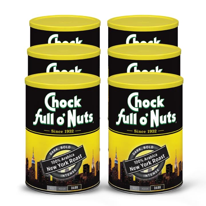 Chock Full o' Nuts New York Roast Ground Coffee – Premium Beans in Recyclable Steel Can – Rich Flavor & Aroma, Dark Roast – Perfect for Drip, Pour-Over, Percolator – 10.5 Oz Can, Pack of 6 Image