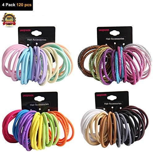 4pack 120pcs Assorted Elastic Hair Ties Accessories Ponytail Holder Clasp-Free No-Metal No Crease Strong Stretch Rubber Bands Rainbow Pastel Solid Natural for Girls Ladies Women Teens Outfit Sports