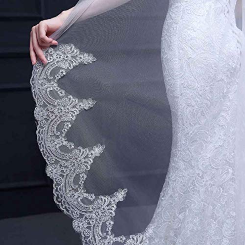 Yalice Women's Lace Appliqued Bride Wedding Veil 1 Tier Long Knee Length Bridal Veils Soft Tulle Hair Accessories (Ivory) - Thumbnail 3