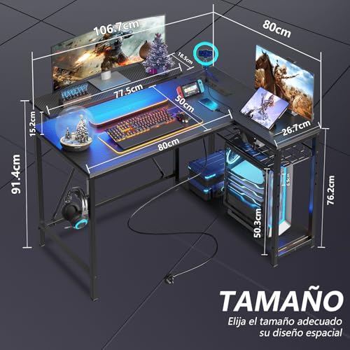 FURRIFIC Escritorio para Computadora en Forma de L, Escritorio Minimalista con Soporte para Monitor, Escritorio Gamer Estructura de Acero,Toma de Corriente, Perchero para Auriculares,106 x 91 x 80cm