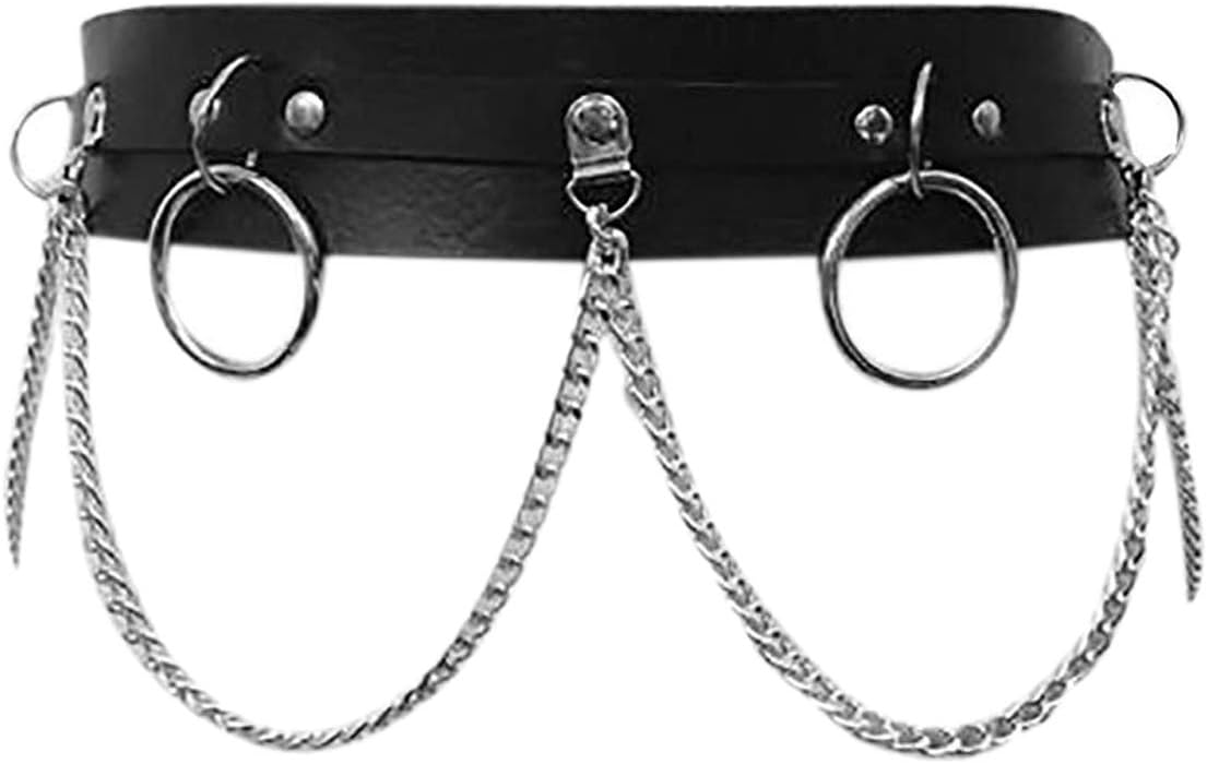TECHSON Waist Chain Belt, Women’s Adjustable PU Leather Metal Ring Body Accessories Jewelry, Punk Fashion Dance Gothic Binding Harness (Style 2)