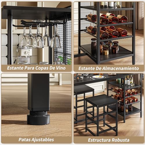 SIMPLE ESPACIO Barra de Cocina,Desayunador Tiene Seis Capas de Espacio de Almacenamiento,Mesa de Bar,Comedor Viene con Dos Sillas,con Estante para Copas Vino,Adecuado para Cocina y Bar(Negro)