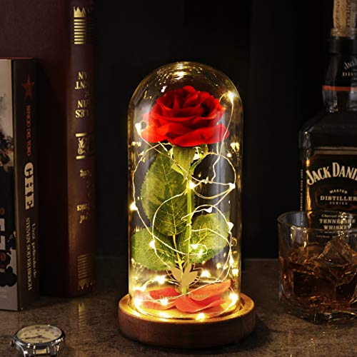 Dream of Flowers Beauty and The Beast Rose, Glass Dome brown Wood Base, Valentine's Party Gifts, Wedding Gifts, Best Gift for Her (N2)