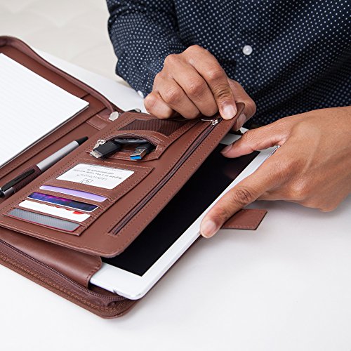 Junior Zippered Business Padfolio with Notepad - Light Brown PU Leather Portfolio Binder & Organizer Folder with 8 Inch Tablet Sleeve by Lautus Designs - Thumbnail 7
