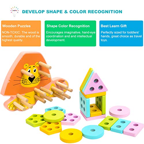 INNOCHEER Wooden Puzzle, Toddler Game, Shapes Sorter Preschool Geometric Blocks Stacking Games for 1 2 3 4-5 Year Old Kids