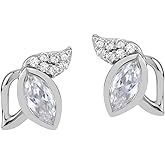 Silvershake White Gold Plated or Yellow Gold Plated 925 Sterling Silver Minimalist Flower & Leaf Trendy Chic Stud Post Gemstone Earrings Jewelry for Women