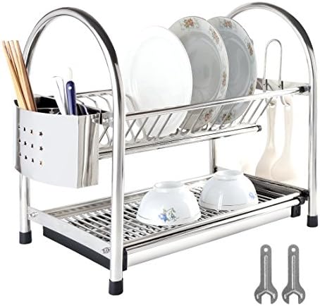 Dish Drying Rack 2 Tiers Dish Drainer Set Stainless Steel with Removable Utensil Holder &amp; Hook Racks &amp; Drain Board Set for Kitchen