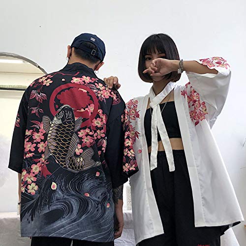 Japanese Traditional Costumes Sakura Kimono Cardigan Man Womanr'S Beach Robe Bushido,White,XXL