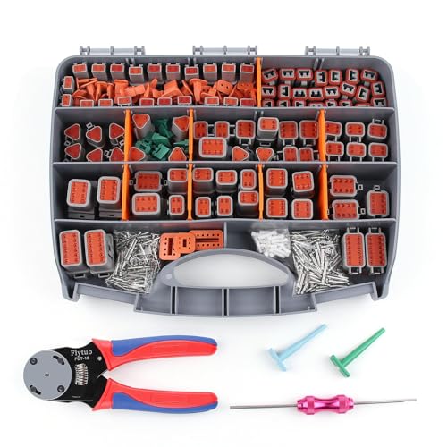 Flytuo 636PCS Deutsch Connectors Kit with Crimping Tool - 2/3/4/6/8/12 Pin Waterproof DT Connectors, Removal Tool, Size 16 Solid Terminal Contacts, 14-18 AWG (Grey)